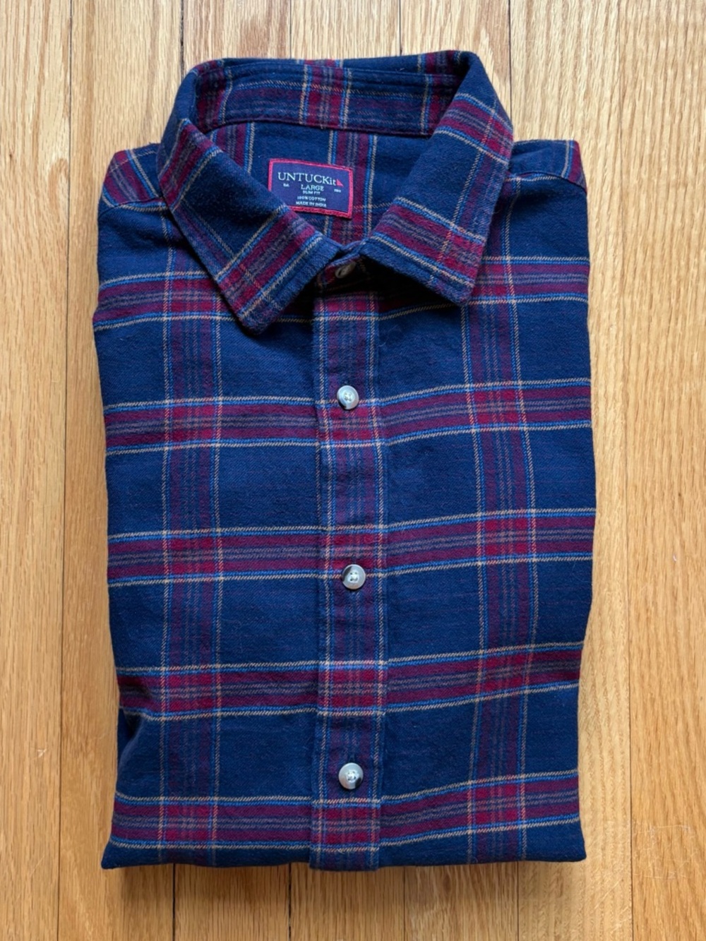 UNTUCKit Men’s Long Sleeve Flannel Shirt Slim Fit Large Navy Blue Red Plaid